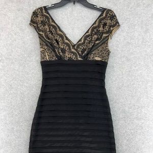 ADRIANNA PAPELL Dress 4 Womens Black Lace Cap Sleeves Sheath Cocktail V Neck